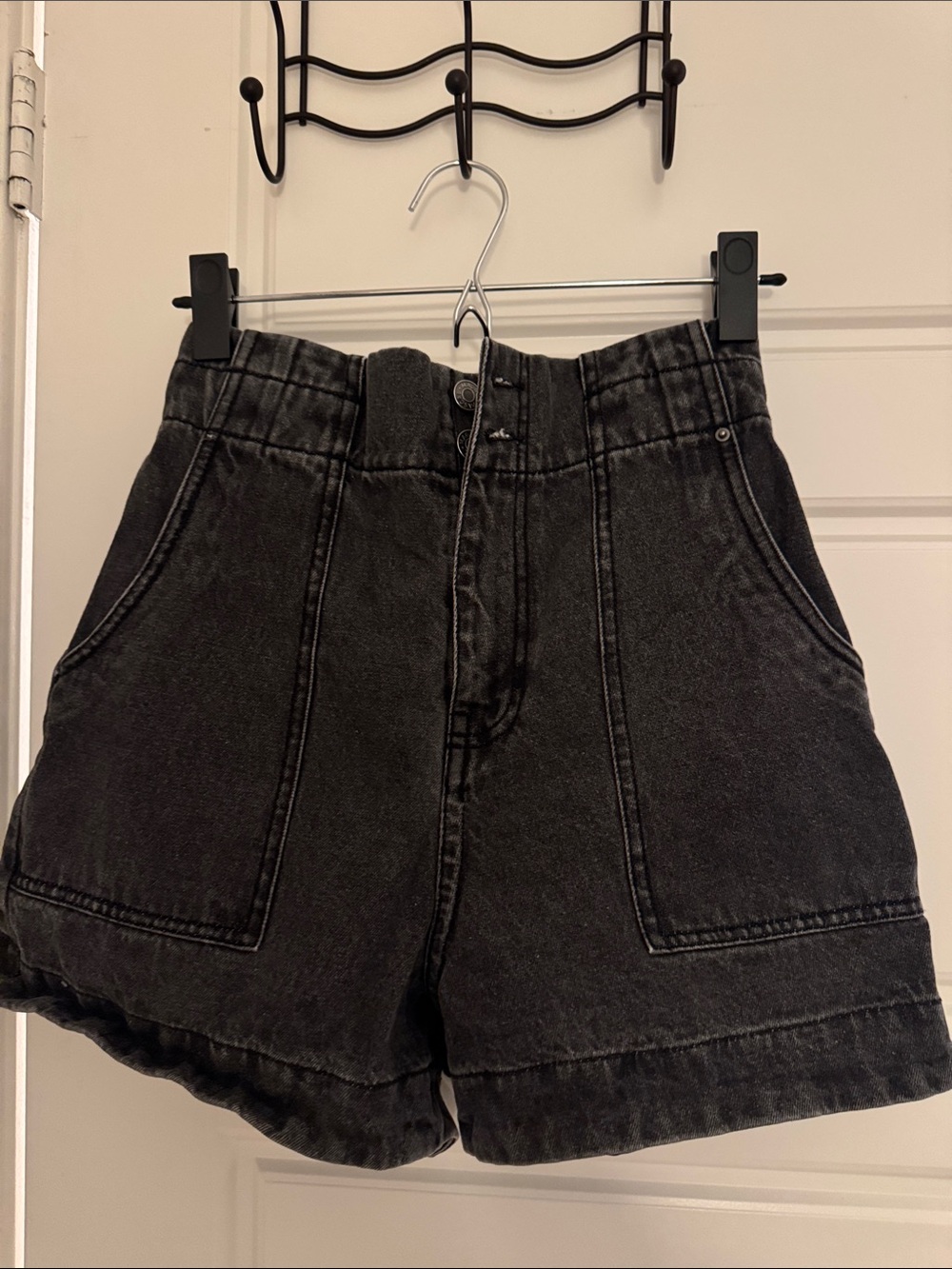 High-Rise Washed Black Denim Shorts with Front Patch Pockets